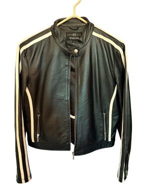 A & S Selections Black Leather Motorcycle Jacket with Cream Racing Stripes